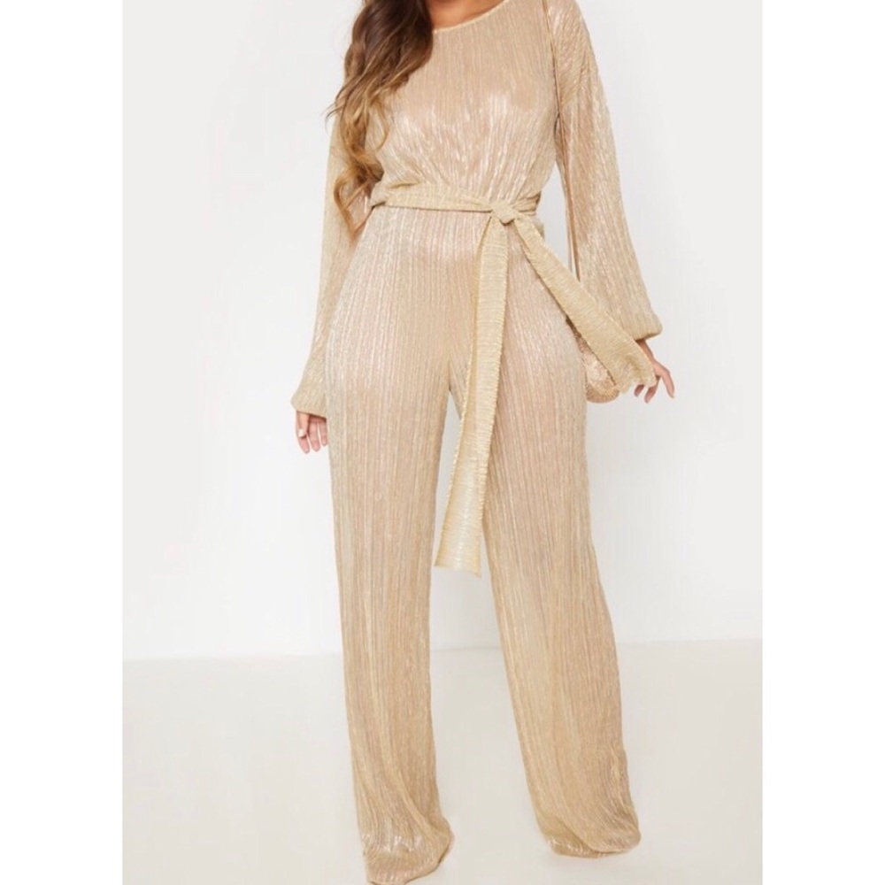 Gold Metallic Sheer Plisse Wide Leg Jumpsuit